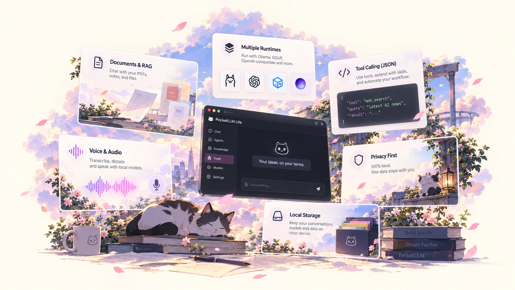 Illustrated PocketLLM feature workspace showing local documents, runtimes, tools, privacy and storage