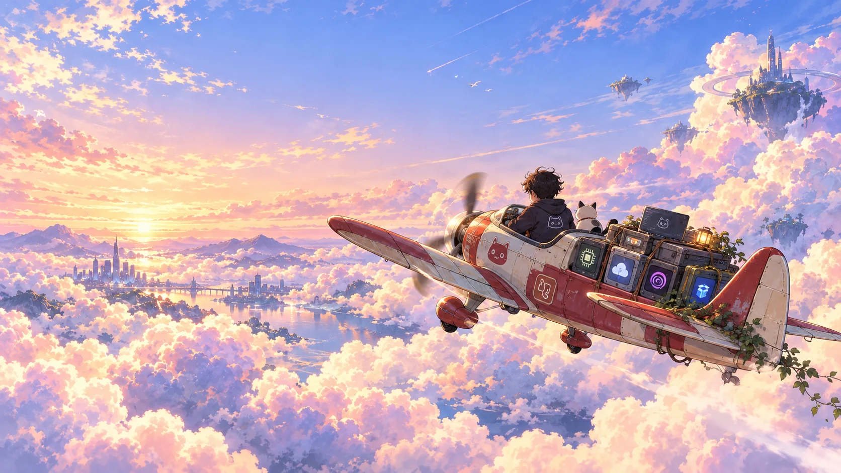 A retro-futuristic aircraft flying through clouds carrying local AI runtimes