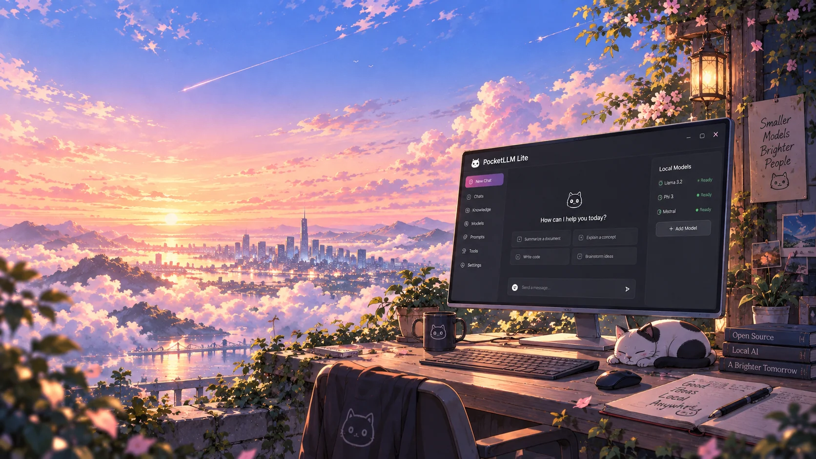 PocketLLM-inspired local AI workspace overlooking a sunrise city